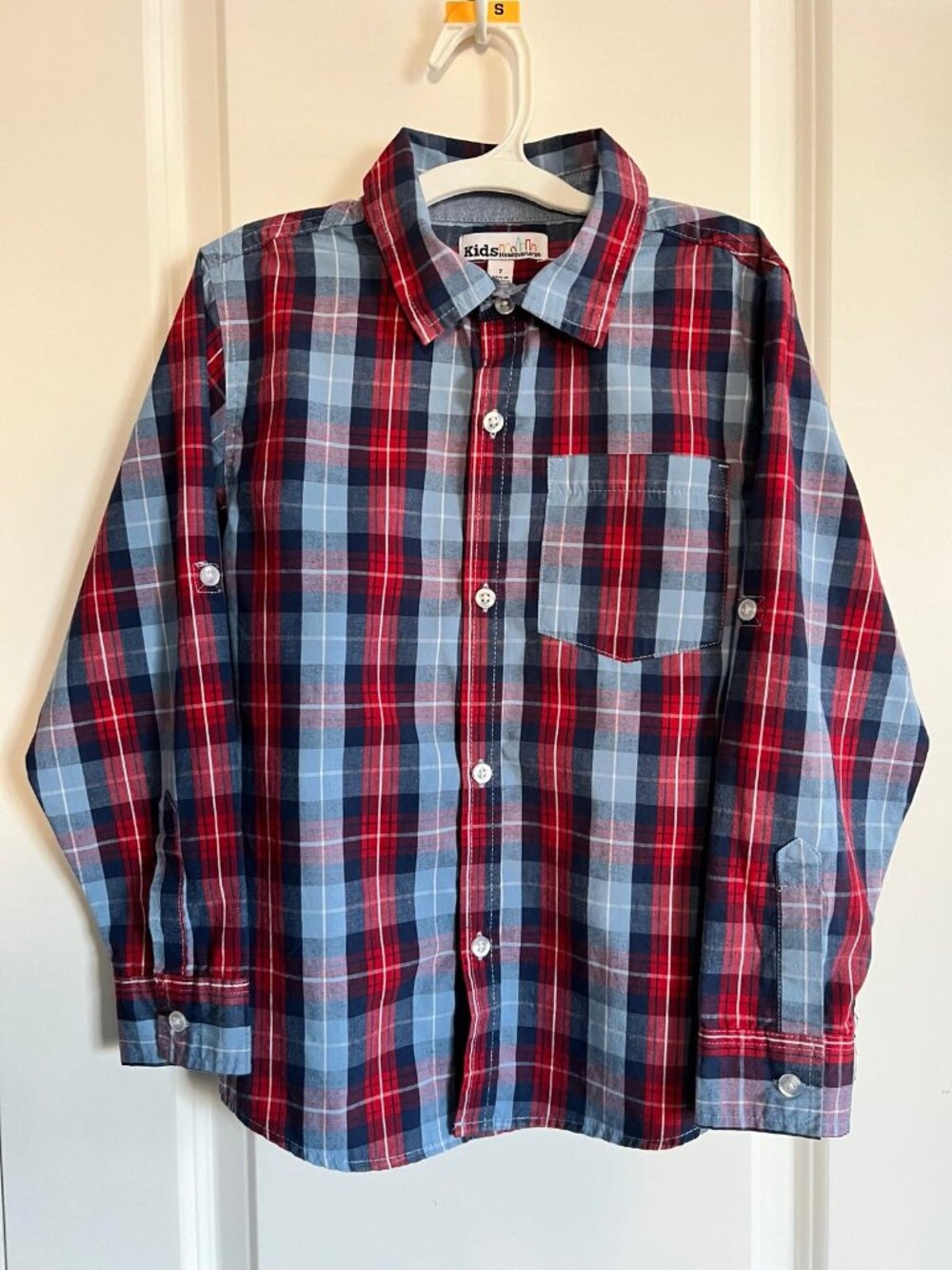 Kids Headquarters button up cotton shirt in red and blue plaid size 7